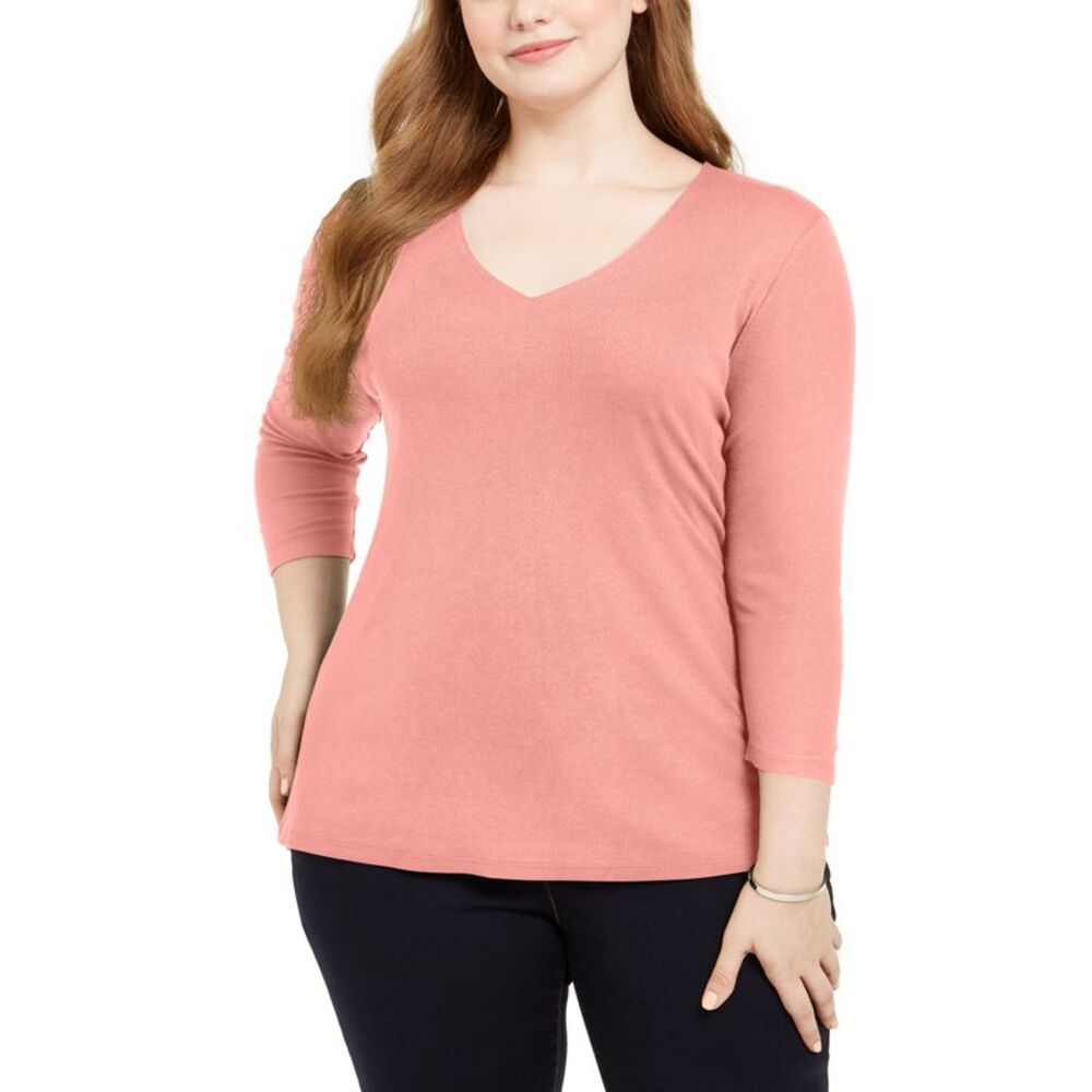 INC International Concepts Plus Size Ribbed V Neck Top